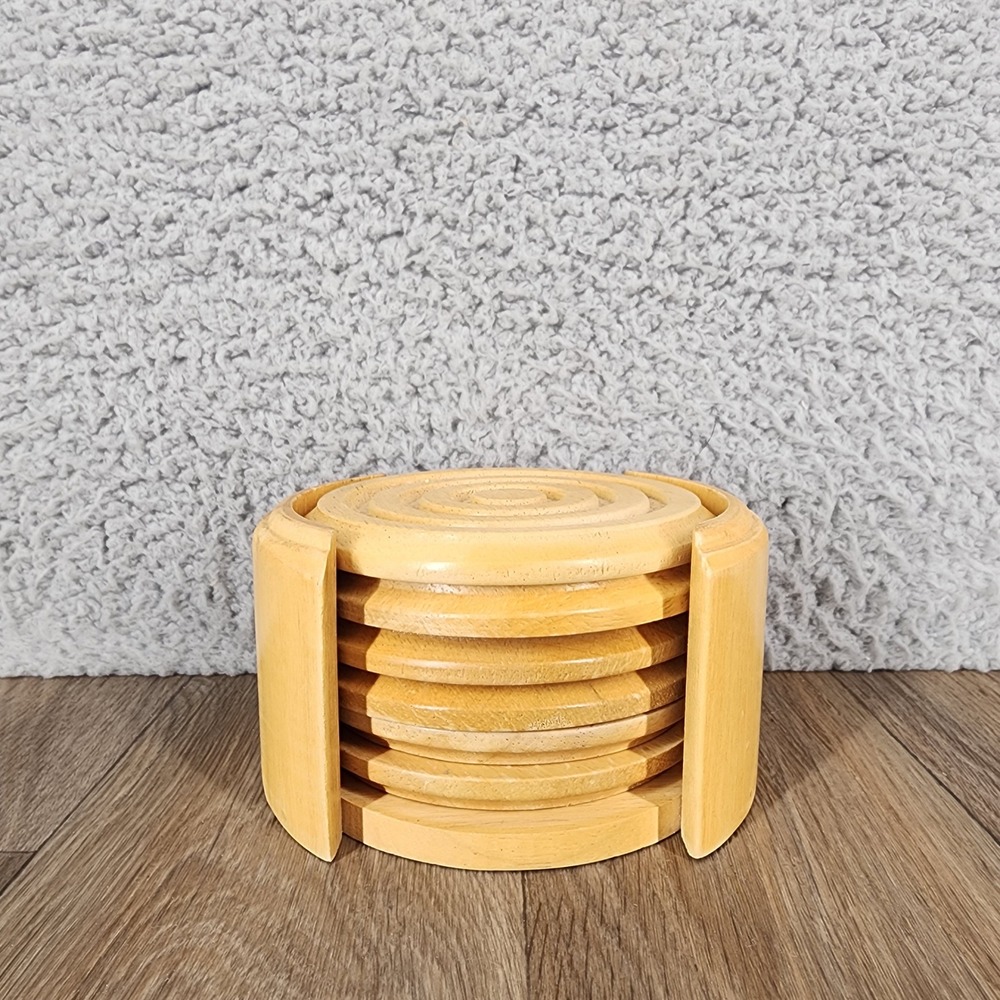 Kamenstein‎ Natural Wood Coaster Set with Caddy 6 Piece Round Concentric Rings